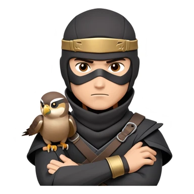 clash-of-clans-aesthetic_-cinematic-mysterious-male-ninja-portrait-emoji, rendered in a flat, vector-style with minimal shading and bold, simplified shapes, with a head slightly turned revealing intense, focused eyes. the ninja has his arm out and perched on top of his forarm is  a peregrin falcon  sticker