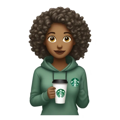 A woman wearing a sweatshirt with curly hair holding a Starbucks cup sticker