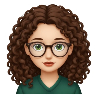 rapariga, olhos verdes escuros, cabelos compridos aos caracóis, com óculos sticker