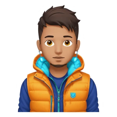 Cyberpunk street adult, hispanic, male, messy undercut, puffer vest over hoodie, glowing earpiece, light stubble, brown eyes, neon reflections sticker