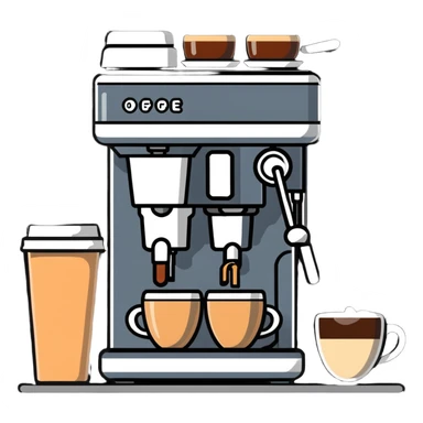 coffee shop items: espresso machine, milk frother, and coffee menu board sticker