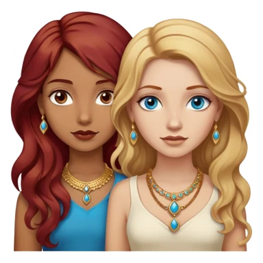 two girls, one who’s indian with wavy dark red hair who’s wearing gold jewelry and a white girl with dirty blonde hair and blue eyes  sticker