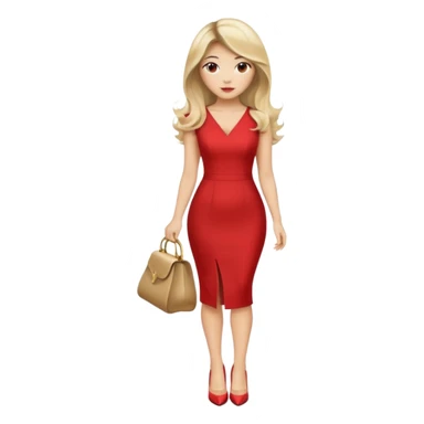 An Asian Lady with Voluminous balayage hair, blonde highlights in a red dress and beige heels  sticker