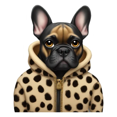 Black French bulldog wearing a cheetah coat sticker