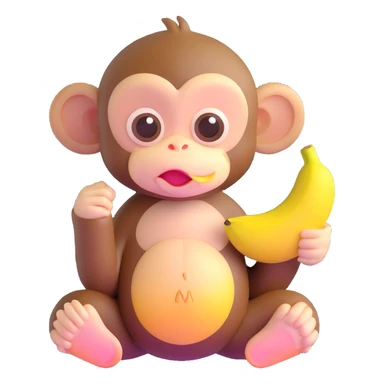 ultra cute baby monkey with enormous adorable eyes peeling a banana, pastel colors sticker