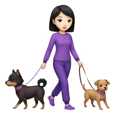 black hair Chinese woman wearing purple top and black pants walking a small brown dog sticker