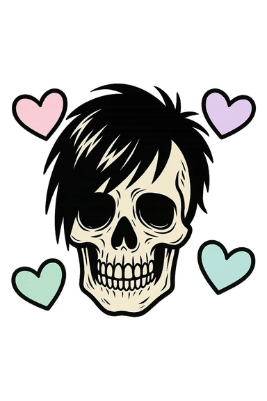 emo skull with pastel hearts, no background sticker