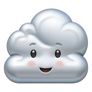 A cute cloud emoji made of silver chrome, smooth rounded shape, glossy metallic surface, soft reflections, minimal and friendly design, iOS emoji style, centered, clean white background, soft lighting sticker