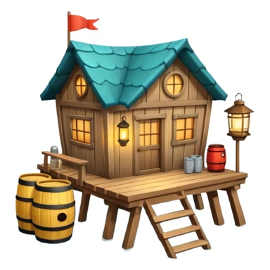 
fisherman house on a wooden pier, small dock, fishing nets hanging, barrels, lantern, ocean vibe, 3D cartoon, cute mobile game icon, clean background, no text
 sticker