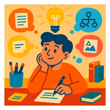 person brainstorming in a warm, inviting workspace, surrounded by idea bubbles with notes and sketches, bright light bulb above, creative tools like pens and books in the background, bright style, 4:5 aspect ratio sticker