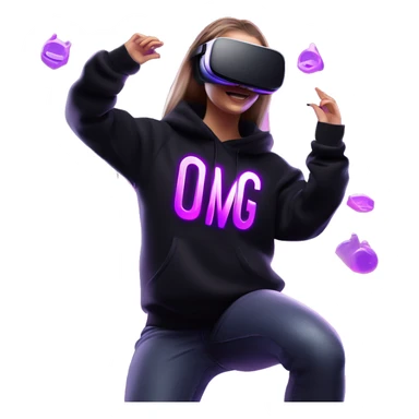 Russian girl wearing black hoody with violet letters "OMG", in vr headset oculus quest2. Dancing. Cyberpunk style. Violet neon. sticker