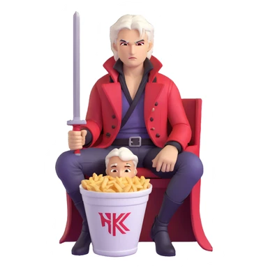 Dante from Devil May Cry sitting in a KFC bucket, red coat, white hair, rebellion sword sticker