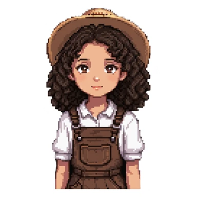 white girl with very curly dark brown hair, brown eyes, wearing farm clothes sticker