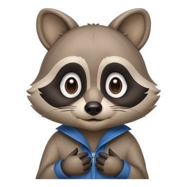 raccoon mascot thinking softly, hand on chin, curious expression, rounded shapes, minimal detail, smooth cartoon shading, ASD-friendly sticker
