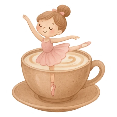 a whimsical and cute ballerina dancing inside a cappuccino cup, soft colors, no background sticker