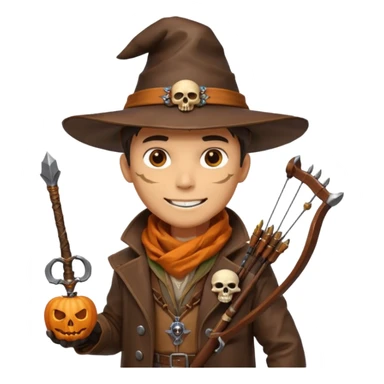 male human monster hunter emoji, wearing brown leather coat and wide hat, holding crossbow or rifle, with amulet shaped like skull, Halloween fantasy theme, confident smile, orange scarf, Apple emoji style, clean white background, square image sticker