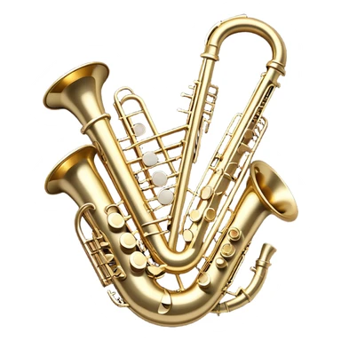 Design a complex, festive, and professional emblem-like emoji representing wind instruments. The composition should resemble a heraldic crest, featuring iconic wind instruments such as a trumpet, saxophone, clarinet, flute, and trombone, arranged symmetrically in a balanced and elegant layout. The instruments should intertwine with a flowing ribbon of musical notes, gracefully weaving around the brass and wooden bodies, emphasizing movement and harmony. Use intricate details such as polished metal surfaces, decorative engravings, and realistic textures to enhance the premium feel. The design should have a regal and celebratory color palette, with gold and silver highlights, deep wood tones, and subtle reflections. Additional ornate elements like laurel wreaths, elegant flourishes, or a subtle glow can be incorporated to emphasize the prestigious and musical essence of the emblem. The background should be transparent to allow for seamless integration into various designs. sticker