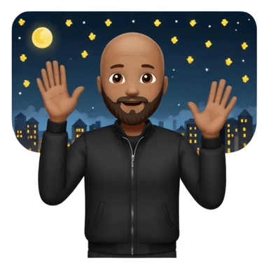 bearded bald man in black clothes, clapping hands, standing outside at night sticker