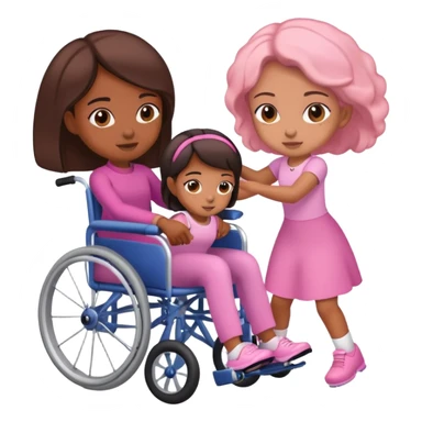 One tan skin sister pushing her brown skin sister in a pink wheelchair sticker