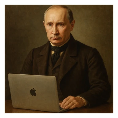 Historical leader portrait-style Vladimir Putin with a MacBook on a desk sticker