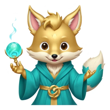 Cute chibi teal fox-dragon emoji with small antler horns, playful face with tongue out, swirl eyebrows, gold forehead mark, teal-gold robe, holding glowing blue orbs, soft pastel vector style. sticker