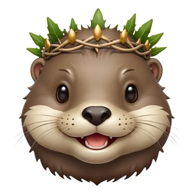 really cute smiling joyful otter face in three-quarter profile view with simple thorny stem wrapped horizontally around its forehead like Jesus Christ's Crown of thorns, Apple emoji style, glossy finish, polished look sticker
