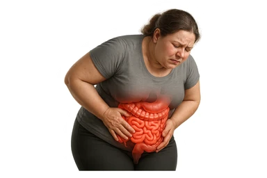 DONNA LEGGERMENTE SOVRAPPESO PIEGATA IN AVANTI FRONTALMENTE CON INTESTINO ANATOMICO IN EVIDENZA, MAL DI PANCIA iperrealistico 4k sticker