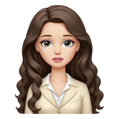 A white Barbie girl with long dark brown wavy hair in cream clothes crying with tears  sticker