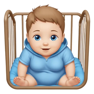 Blue-eyed baby girl with short light brown hair, chubby pants cheeks, mischievous smile in playpen  sticker