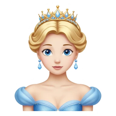 Cinematic Stunning Cinderella Portrait Emoji, Radiant in her sparkling blue ball gown, golden hair in a perfect updo, soft blue eyes full of wonder, glistening tiara, glowing with an ethereal beauty, regal yet kind, a dreamlike aura surrounds her, capturing the essence of a fairy tale princess, elegant and breathtaking! sticker