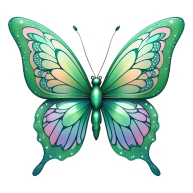 Pastel sparkly green glittery iridescent rainbow transparent butterfly with detailed intricate patterns sticker