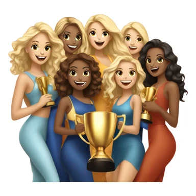Seven beautiful and stylish blonde and Latina models celebrating with 1 huge gold trophy sticker