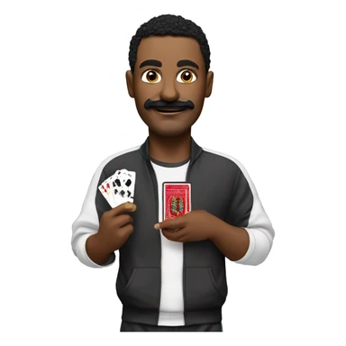 man,  with black moustache, a sly smirk, wearing track suit, with cash and playing cards in his hands sticker