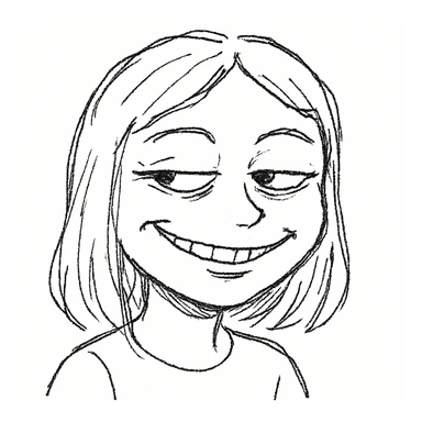 smiling girl meme parody with sly smile, background inspired by wojak meme sticker