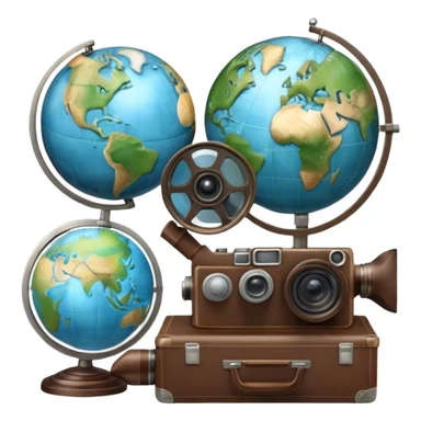 Icon for Documentary Film: A vintage movie poster style with a film reel, a camera, and a globe symbolizing exploration and knowledge. Include elements like a notebook, magnifying glass and nature or historical visuals to evoke a sense of discovery. Transparent background. sticker