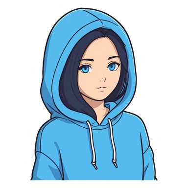 A girl with long black hair and blue eyes with a hoodie on  sticker