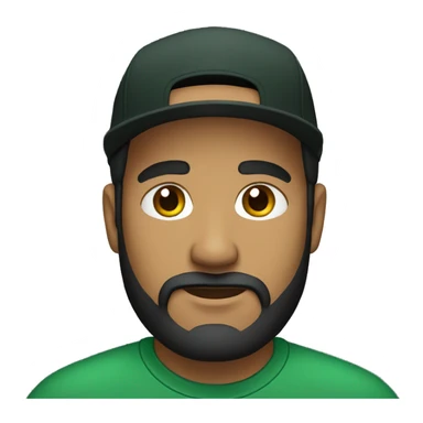 brown man with a dark beard, dark eyes, dark green t-shirt and a BLACK BLACK cap sticker