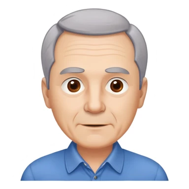 Older man with light complexion in his late 50s, round face, wide jaw, expressive brown eyes, thick eyebrows, short gray hair with visible hairline, friendly expression, wearing blue collared shirt sticker