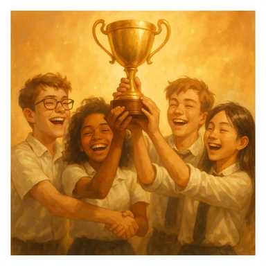 four students lifting a trophy, warm atmosphere, semi-realistic style, golden light, joy sticker