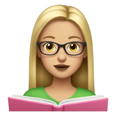 Girl with long blonde hair and rosy lips and green eyes and glasses reading a pink book sticker