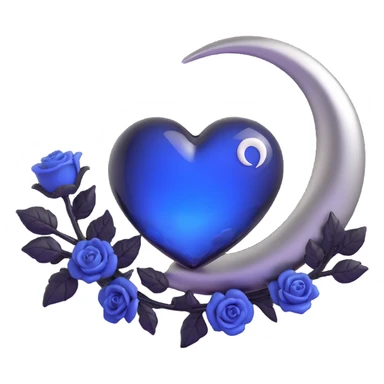 3D emoji gothic heart, midnight blue glass, silver crescent moon, tiny black roses sticker