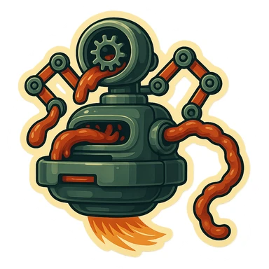 hovering robot. stuffs material into large hole on its top with 2 arms. no head. hole is where a head would be. spinning gears and blades in hole grind material.  3/4 view. between realism and cartoon. well lit. no dramatic lighting. metallic shiny robot. works diligently. drake humor sticker