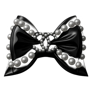 Add a solid black background behind the elegant bow with pearls and gold Chanel logo, glossy, monochrome, realistic style with soft reflections and highlights on the bow and pearls. sticker