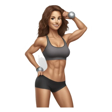 Hyperrealistic pencil drawing of athletic sexy girl with brown hair with kettlebell sticker