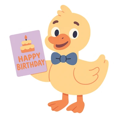 duck with bowtie holding birthday card, pastel-toon style sticker