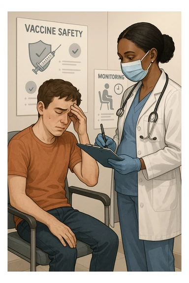 Vertical, educational medical illustration: a healthcare professional observes a patient who appears unwell after receiving a vaccine. The patient sits in a clinic chair, showing mild symptoms such as fatigue or headache, while the professional takes notes and offers reassurance. The background includes educational posters about vaccine safety and monitoring. realistica sticker