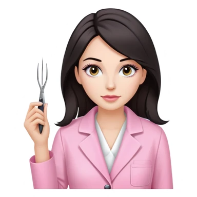 Mulher branca de cabelos pretos na altura dos ombros, vestindo jaleco rosa e segurando uma pinça de extensão de cílios sticker