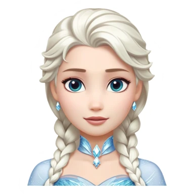Cinematic Majestic Snow Queen Portrait Emoji, rendered in a clean, vector-style with bold, simplified shapes. Show Elsa with a serene, noble expression, luminous icy skin and gracefully styled platinum hair adorned with subtle crystalline accents, her attire minimal yet majestic. The design radiates a cool, crystalline glow with high shine and a soft glowing outline, embodying timeless, frosty elegance. sticker