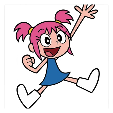 Ami Onuki, cheerful girl with pink hair in pigtails, wearing a blue dress, inspired by the character from Hi Hi Puffy AmiYumi, in a fun and energetic pose sticker