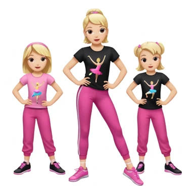 Hiphop dancer, with cute big pants, sneakers, and t-shirt. White girl blond. Coloufull shirt. No pocket pants. Dancing. Pink and black plain outfit. No sweatbands on the wrist, black music box behind her. Ballerina pose. with dancing kids behind her sticker
